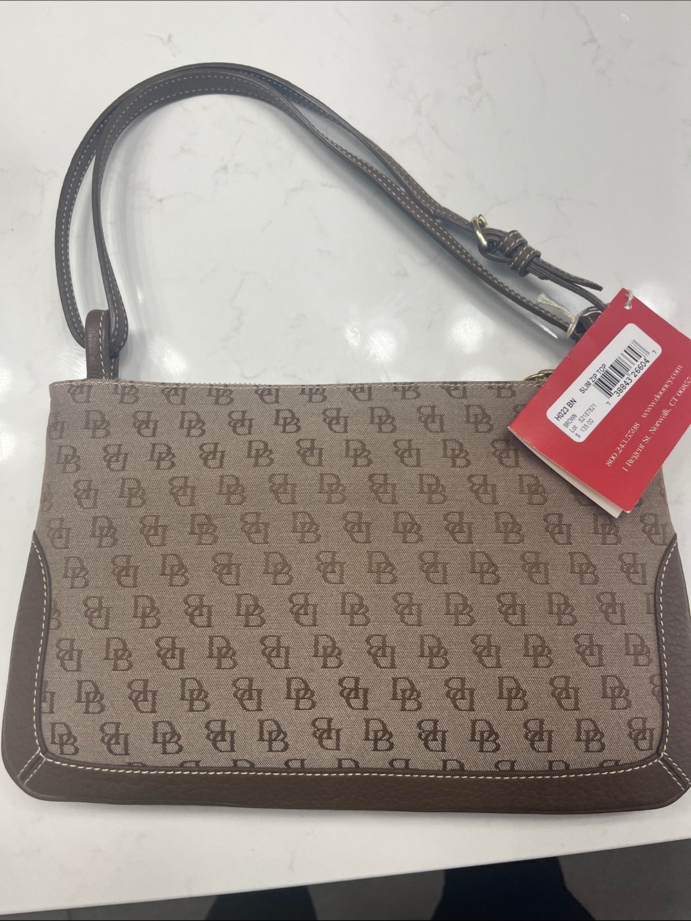 Dooney & Bourke Brown Logo Canvas Shoulder Bag with Dark Brown Trim